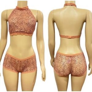 Victorias Secret lace Set Unlined High Neck bralette bra & Shortie Cinnamon